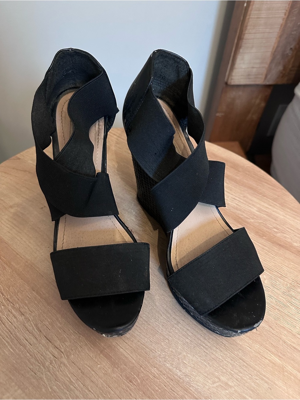 Steve Madden Black elastic Crisscross Wedge Sandals
